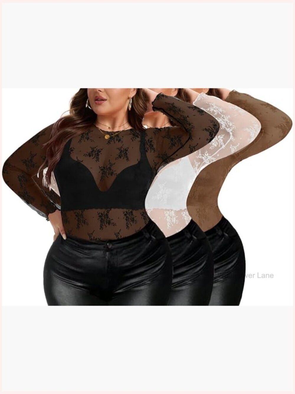Plus Size Sheer Mesh Mock Neck Long Sleeve Top Blouse